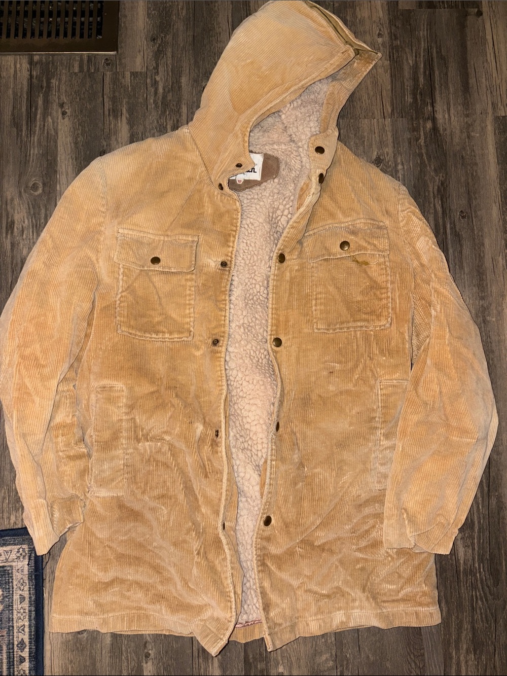 VINTAGE RARE Woolrich Hooded Corduroy Sherpa-Lined Field Jacket - Beige Large